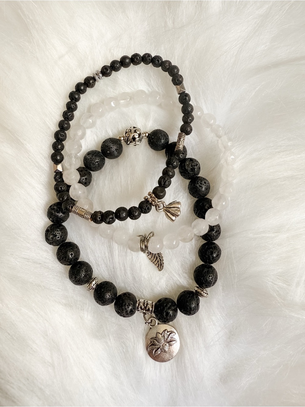 Lotus Lava Bead Charm Bracelet Trio - Crystal Bracelet Layering Set